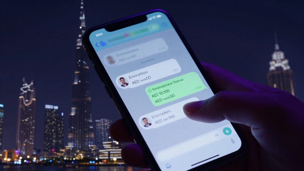 Smartphone screen showing encrypted messages and escort rates with Dubai skyline reflected nearby.